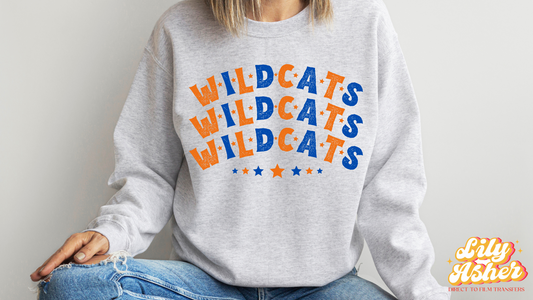 DTF WILDCATS ORANGE-BLUE STACKED TEXT W/ STARS TRANSFER