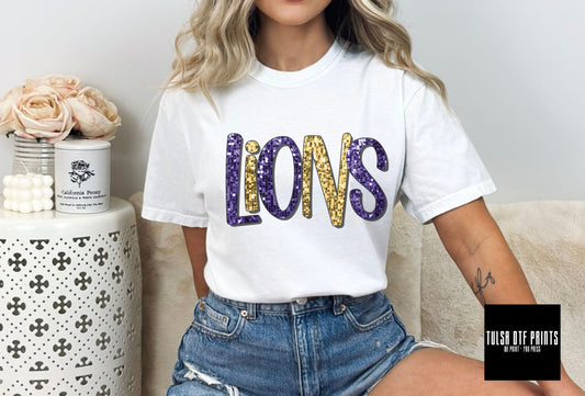 DTF LIONS PURPLE/GOLD FAUX SEQUIN SHADOW TEXT TRANSFER