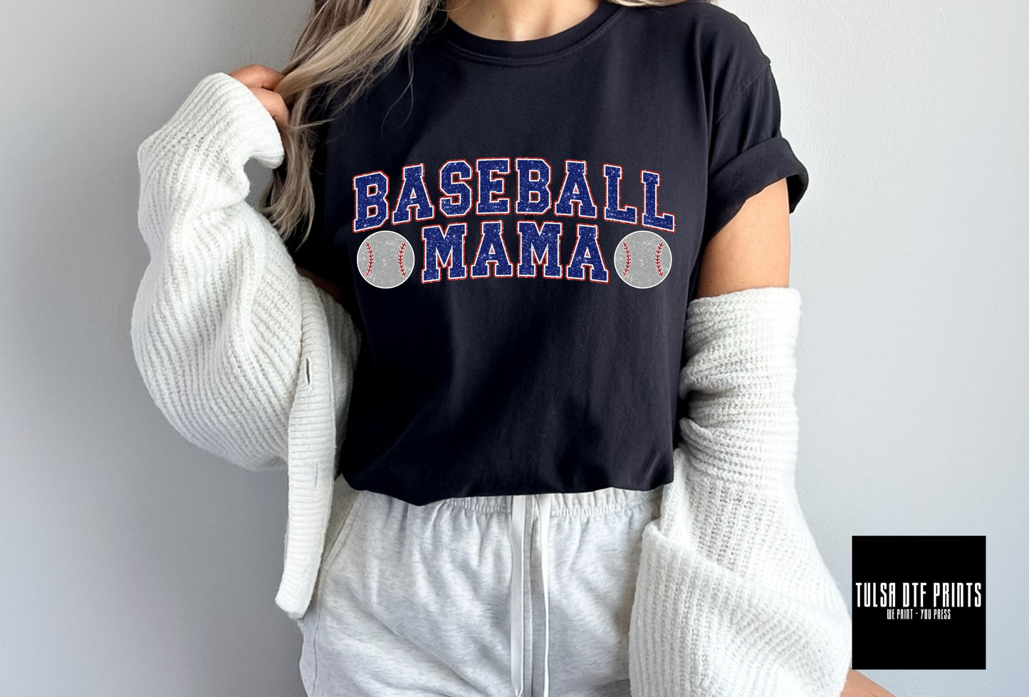 DTF BASEBALL MAMA FAUX GLITTER TEXT TRANSFER