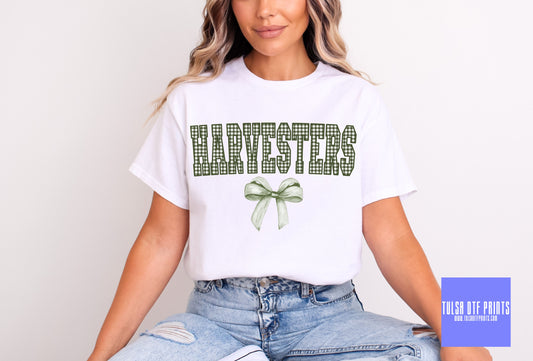 DTF HARVESTERS DARK GREEN GINGHAM BOW GAME DAY MASCOT TRANSFER