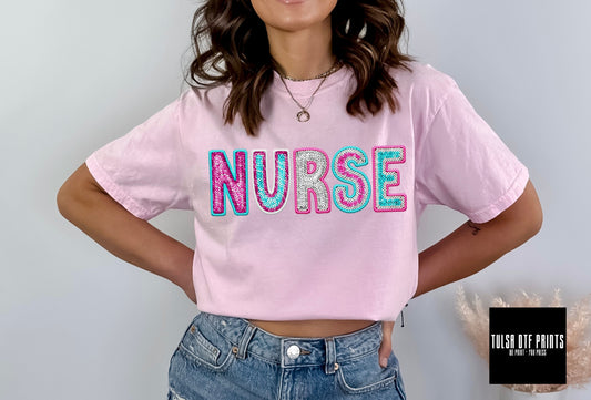 DTF NURSE TEAL & PINK FAUX SEQUIN EMBROIDERY TRANSFER