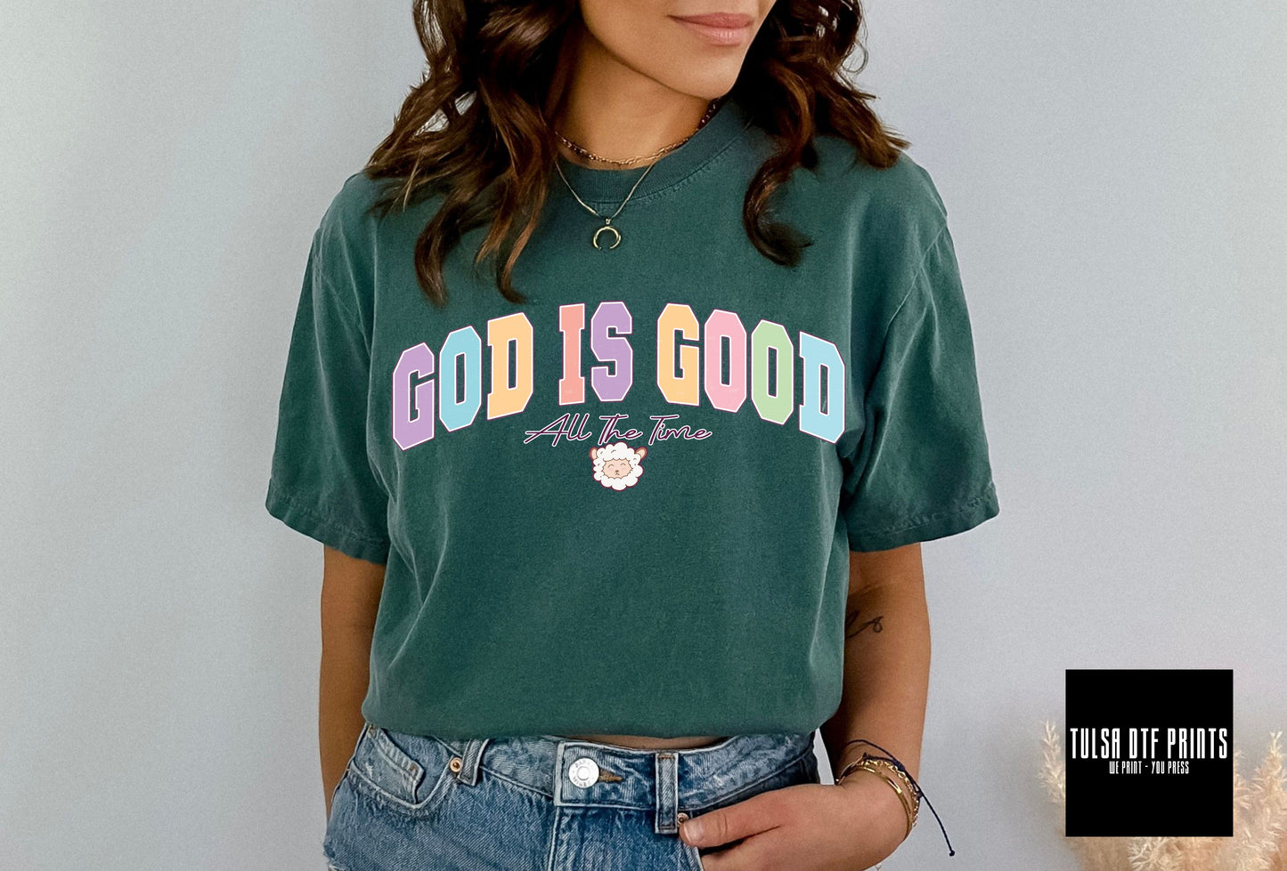DTF GOD IS GOOD ALL THE TIME PASTEL VARSITY TEXT TRANSFER