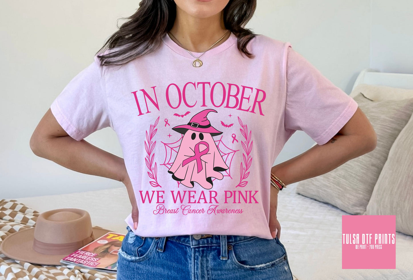 DTF IN OCTOBER WE WEAR PINK GHOST W/ PINK RIBBON TRANSFER