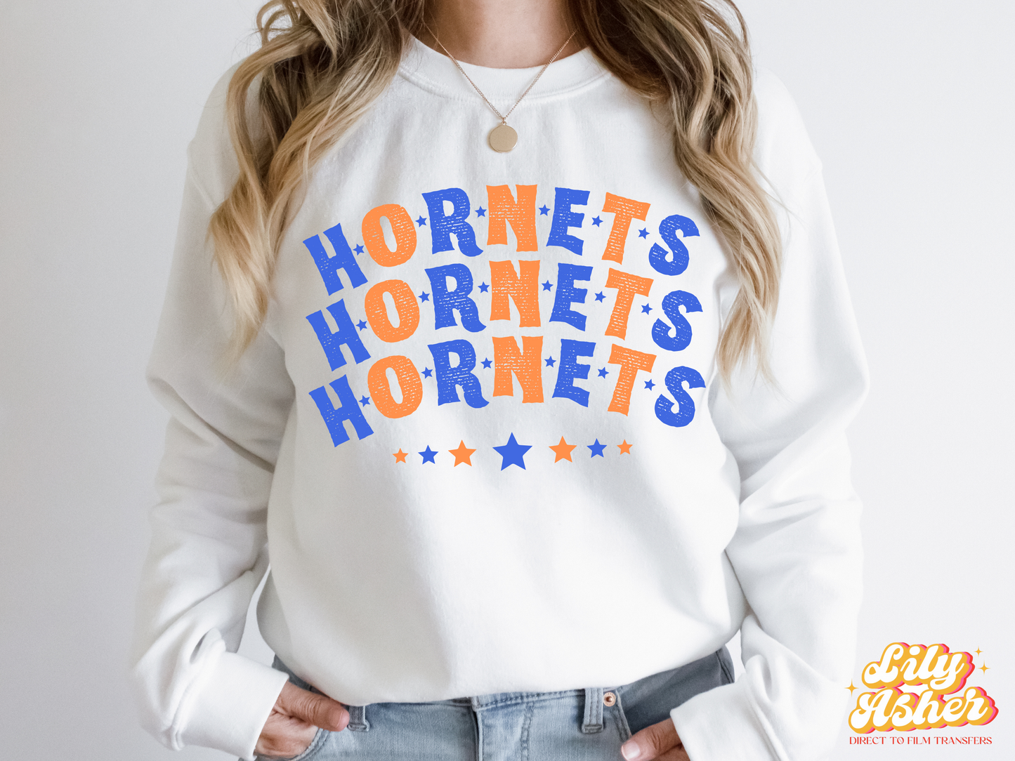 DTF HORNETS ROYAL BLUE-ORANGE STACKED TEXT W/ STARS TRANSFER