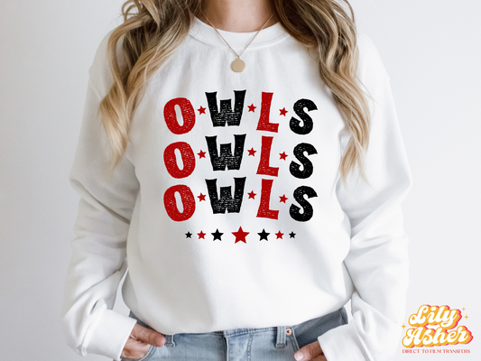 DTF OWLS RED-BLACK STACKED TEXT W/ STARS TRANSFER