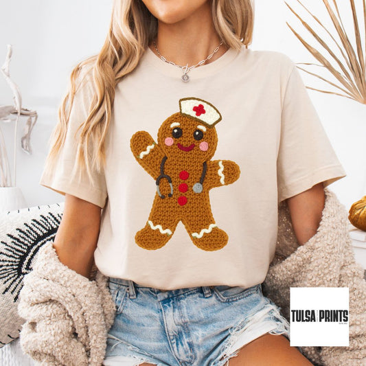 DTF CHRISTMAS GINGERBREAD NURSE FAUX CROCHET TRANSFER