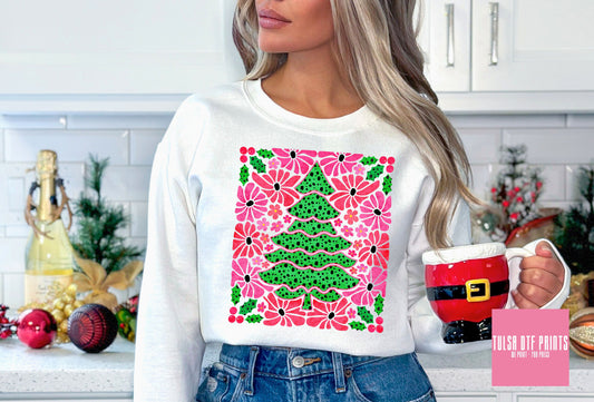 DTF RETRO CHRISTMAS TREE PATTERN PINK/GREEN TRANSFER