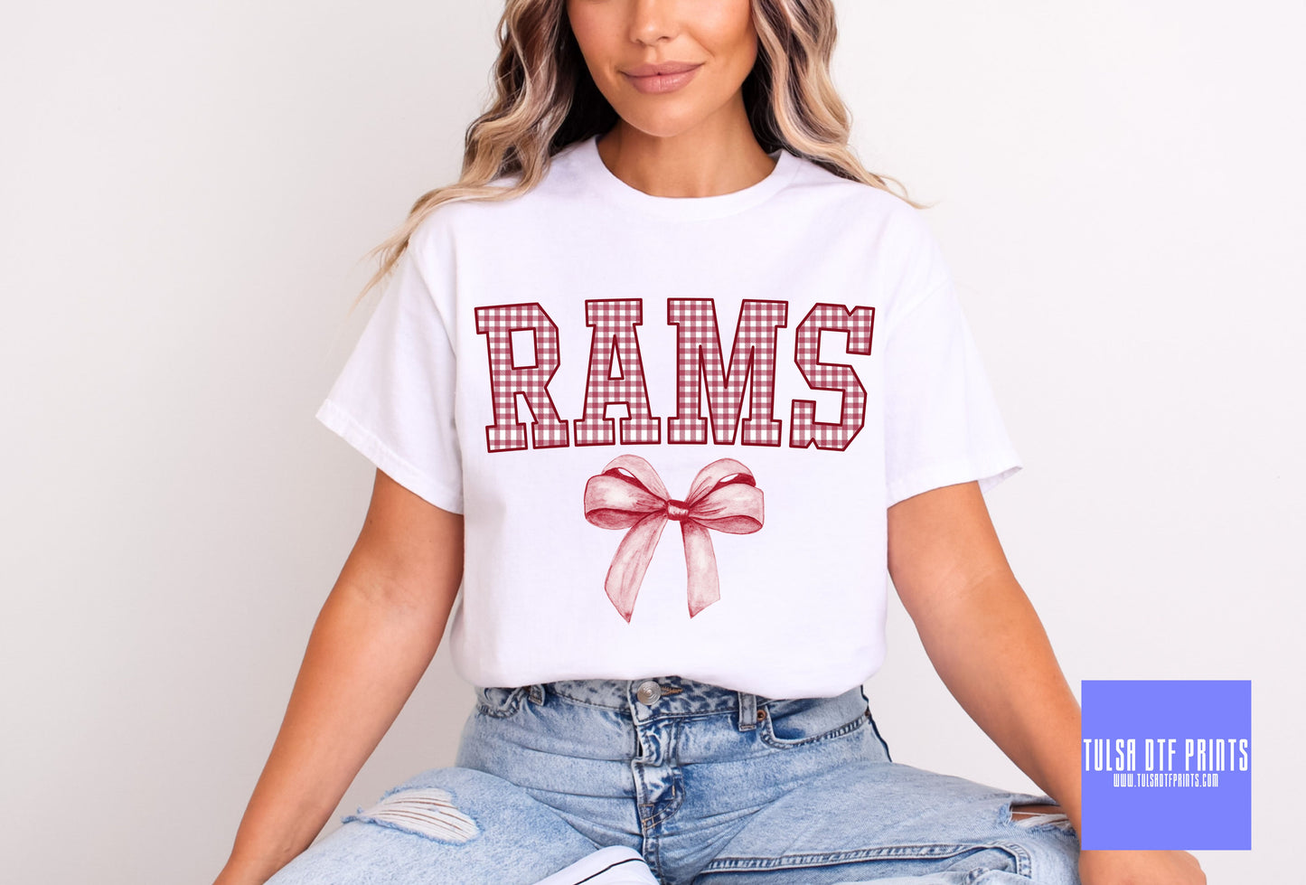 DTF RAMS MAROON GINGHAM BOW GAME DAY MASCOT TRANSFER