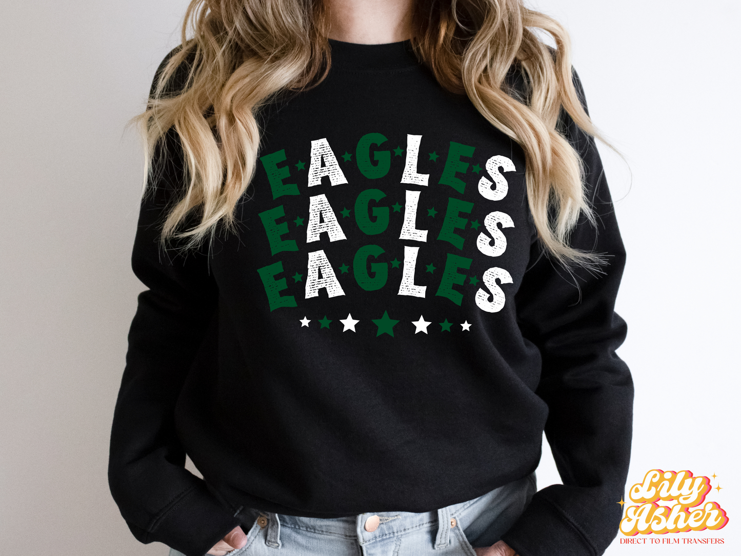 DTF EAGLES DARK GREEN-WHITE STACKED TEXT W/ STARS TRANSFER