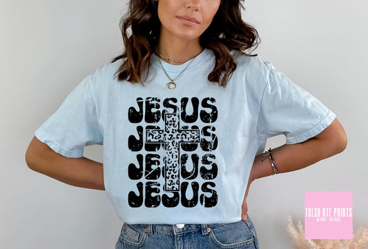 DTF JESUS STACKED TEXT W/ LEO CROSS TRANSFER
