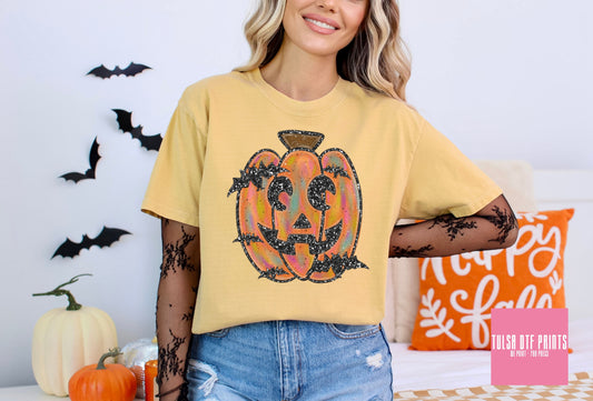 DTF JACK-O-LANTERN FAUX GLITTER BATS TRANSFER