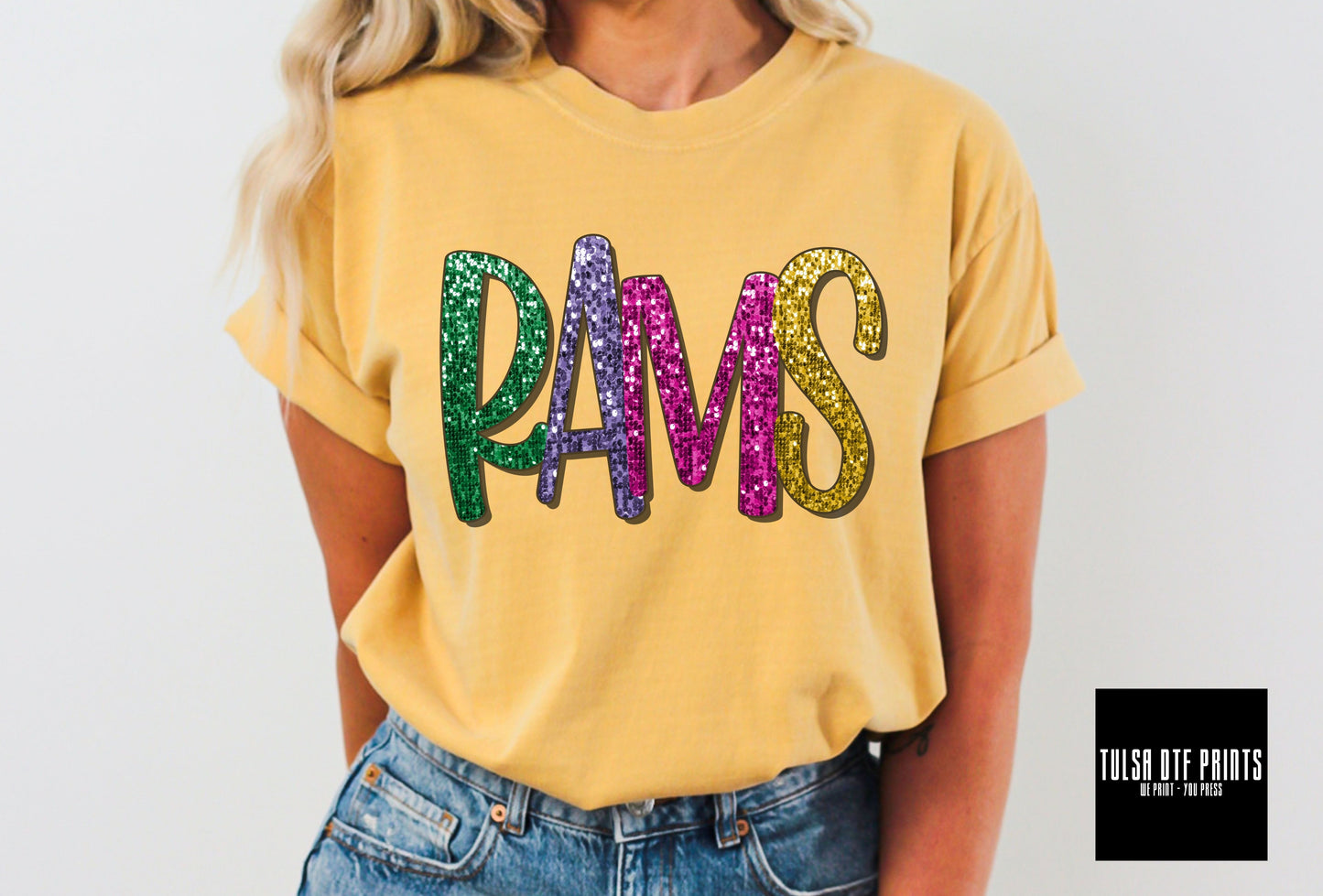 DTF RAMS MULTICOLOR FAUX SEQUIN SHADOW TEXT TRANSFER