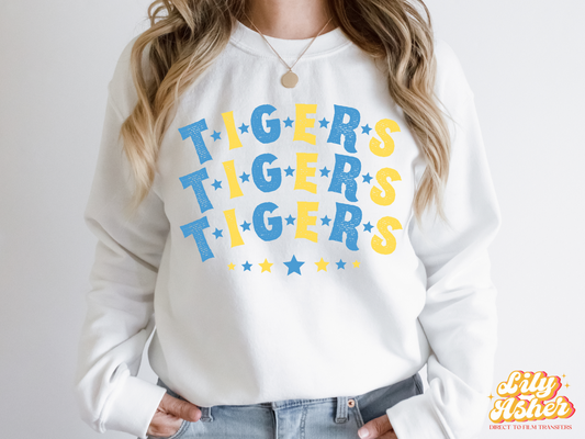 DTF TIGERS CAROLINA BLUE-YELLOW STACKED TEXT W/ STARS TRANSFER