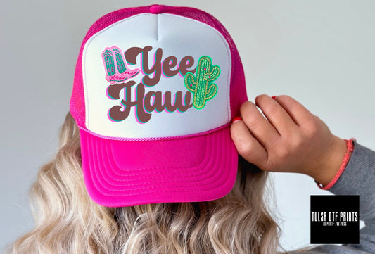 DTF YEE HAW W/ COWGIRL BOOTS & CACTUS FAUX HAT PATCH TRANSFER