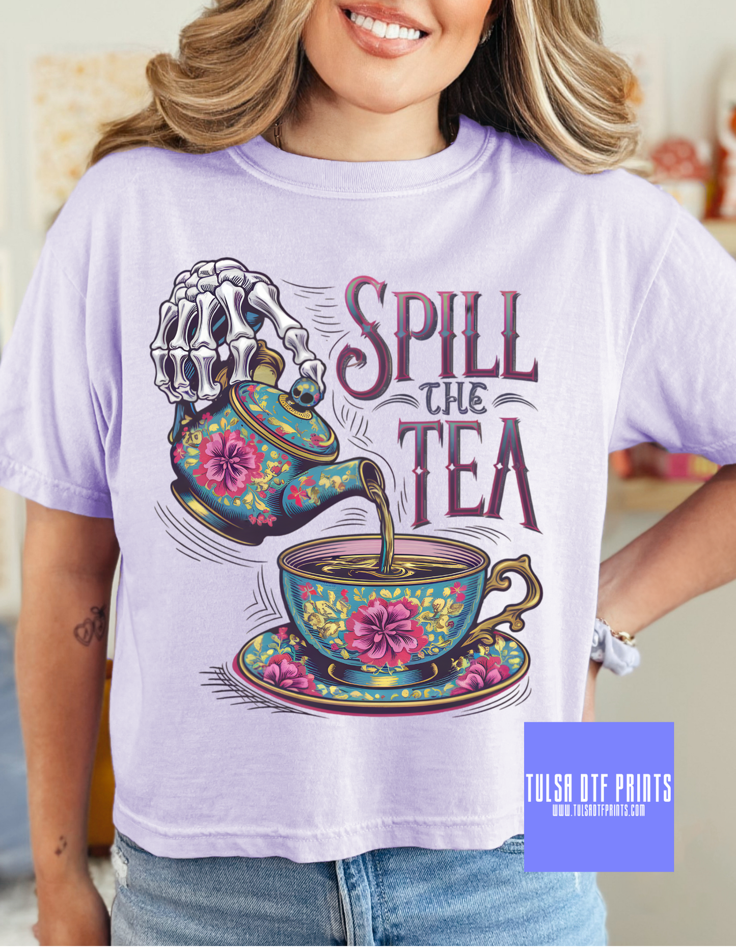 DTF SPILL THE TEA FLORAL SKELLY TRANSFER