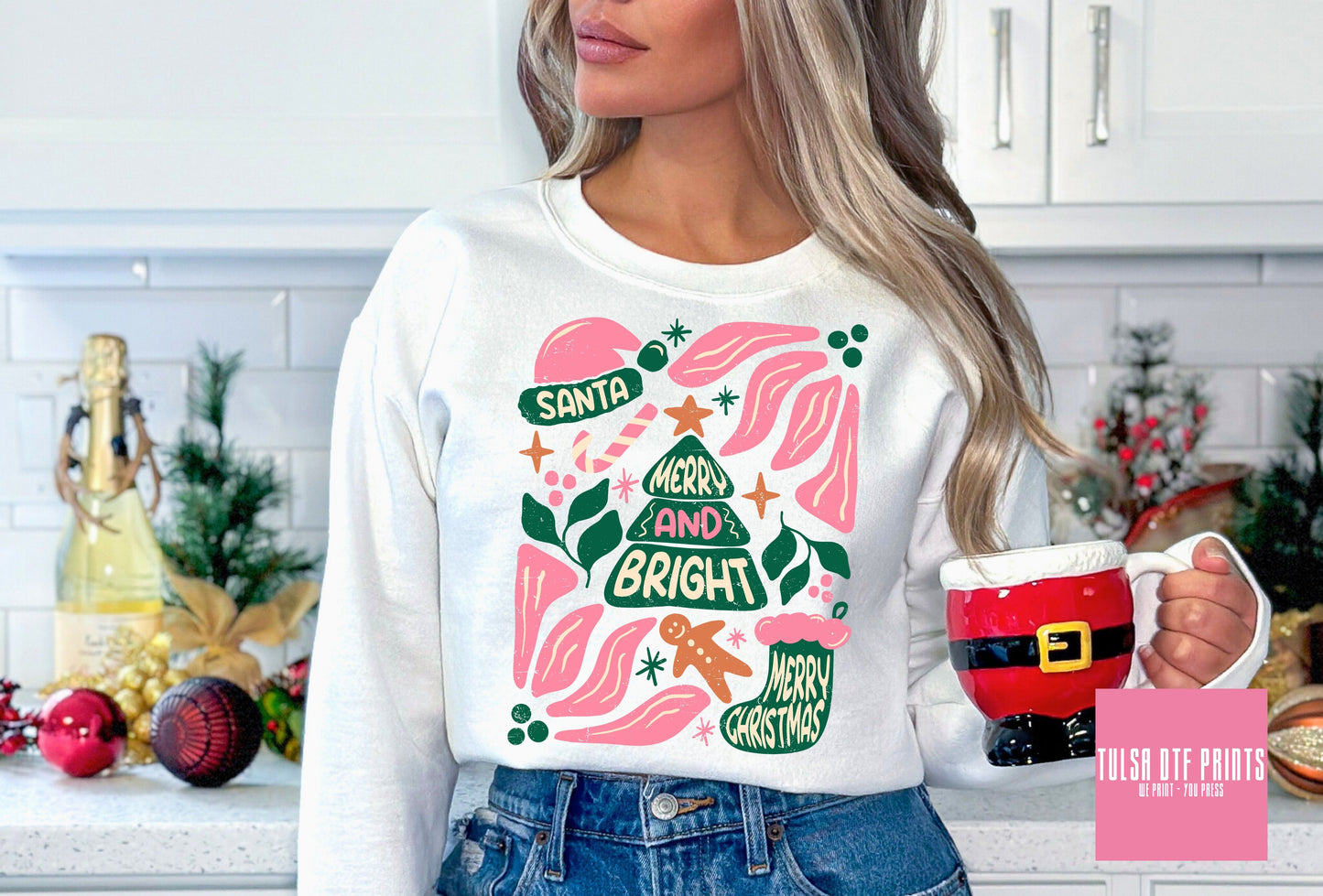 DTF MERRY & BRIGHT RETRO FLORAL TRANSFER