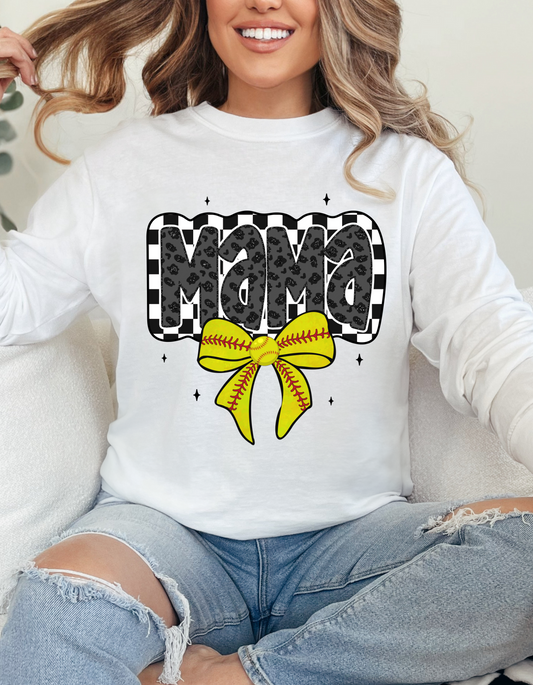 DTF  MAMA LEO CHECKERED SOFTBALL BOW TRANSFER