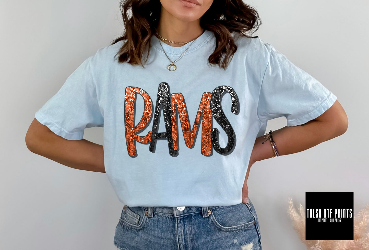 DTF RAMS ORANGE/BLACK FAUX SEQUIN SHADOW TEXT TRANSFER