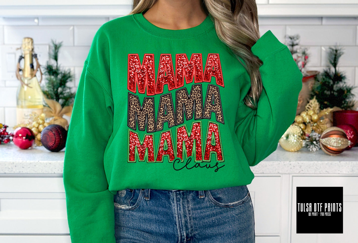 DTF MAMA CLAUS STACKED FAUX EMBROIDERY SEQUIN TRANSFER