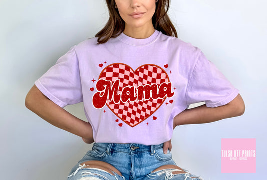 DTF MAMA RETRO PINK/RED CHECKERED HEART TRANSFER