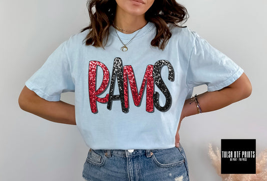 DTF RAMS RED/BLACK FAUX SEQUIN SHADOW TEXT TRANSFER