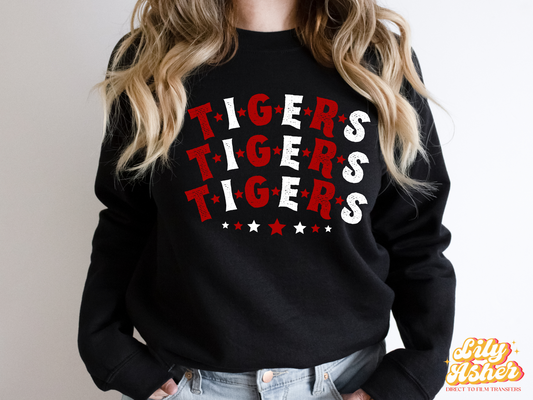 DTF TIGERS RED-WHITE STACKED TEXT W/ STARS TRANSFER