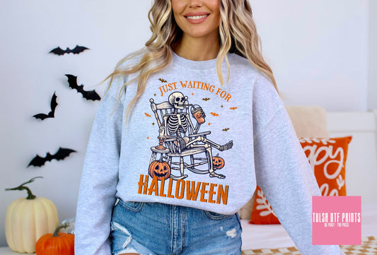 DTF JUST WAITING FOR HALLOWEEN SKELETON IN ROCKING CHAIR TRANSFER