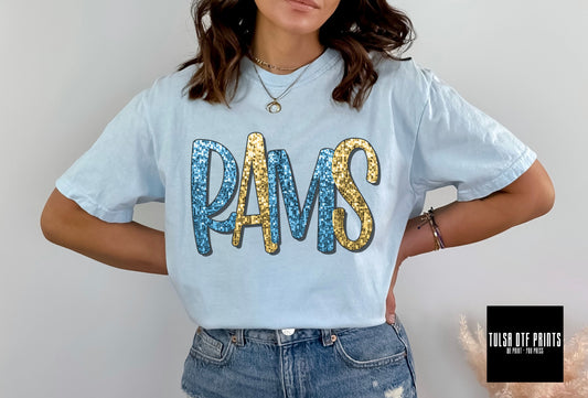 DTF RAMS ROYAL/GOLD FAUX SEQUIN SHADOW TEXT TRANSFER