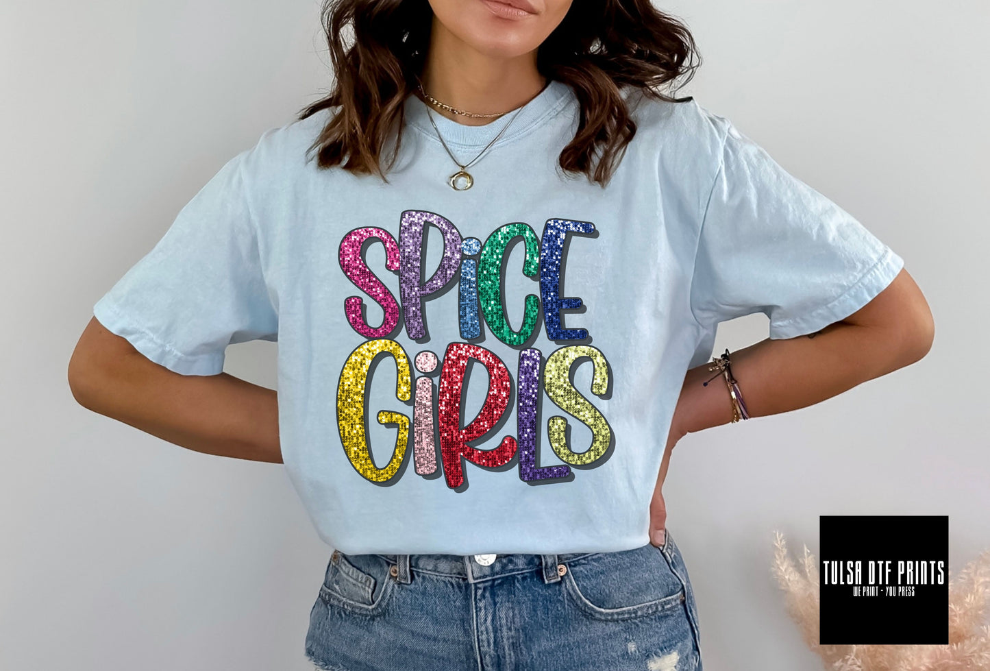 DTF SPICE GIRLS MULTICOLOR FAUX SEQUIN SHADOW TEXT TRANSFER