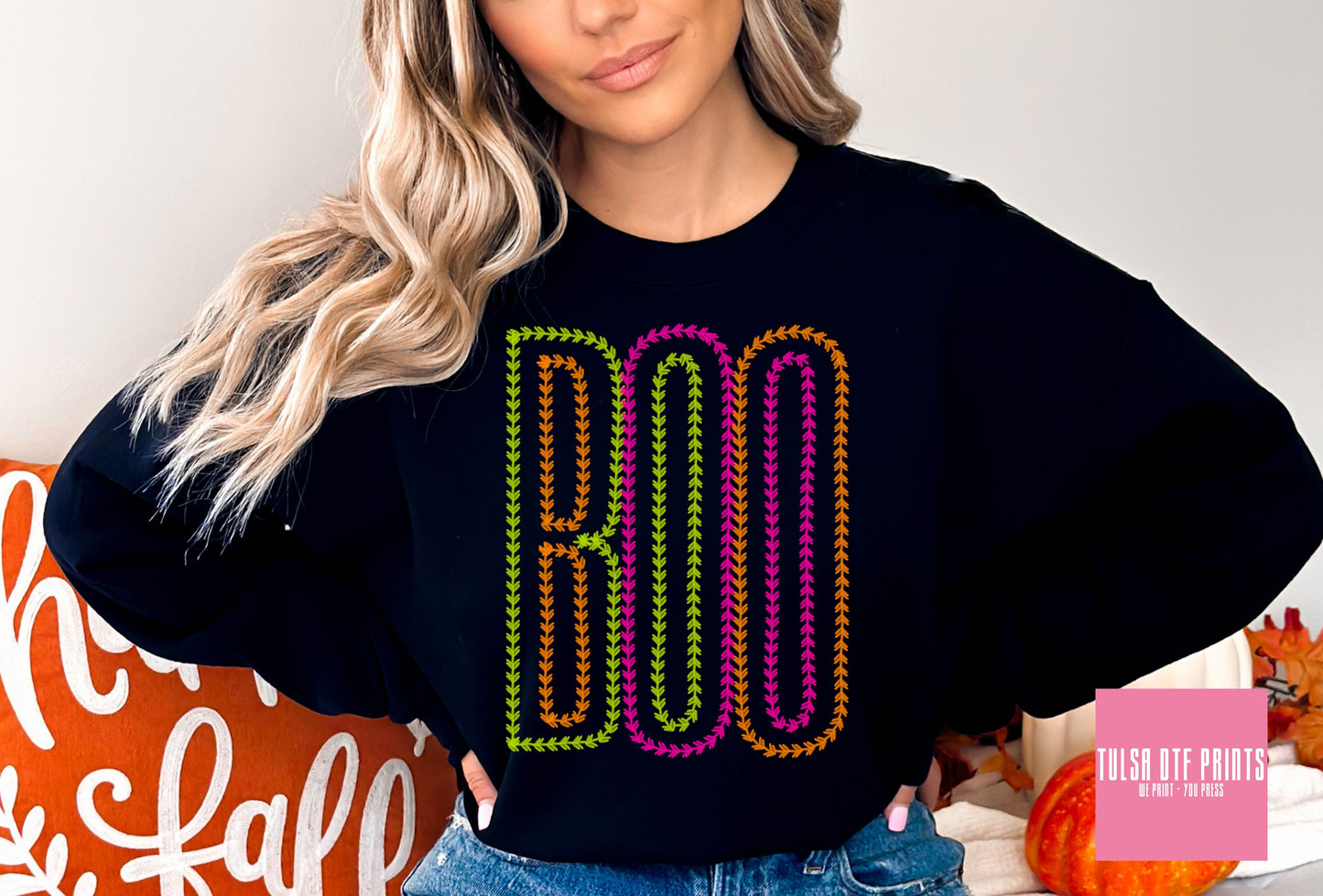 DTF BOO NEON FAUX EMBROIDERY TRANSFER