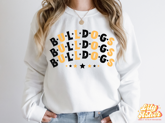 DTF BULLDOGS BLACK-YELLOW GOLD STACKED TEXT W/ STARS TRANSFER