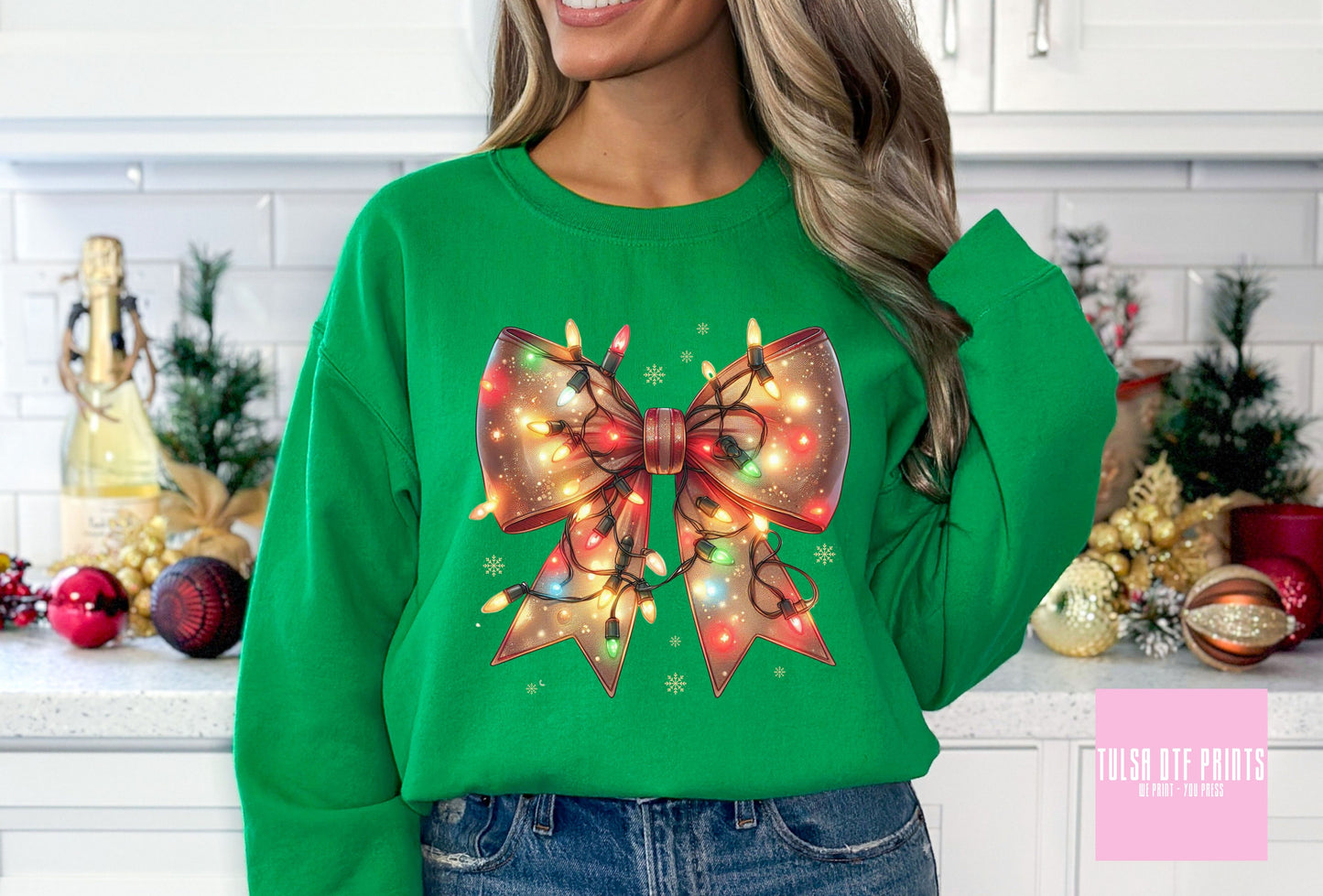 DTF BOW W/ CHRISTMAS LIGHTS TRANSFER