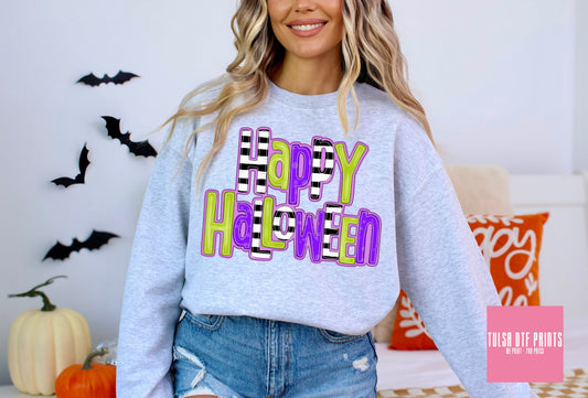 DTF HAPPY HALLOWEEN PURPLE/LIME/BLK TRANSFER