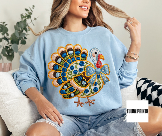 DTF BLUE TURKEY FAUX EMBROIDERY TRANSFER
