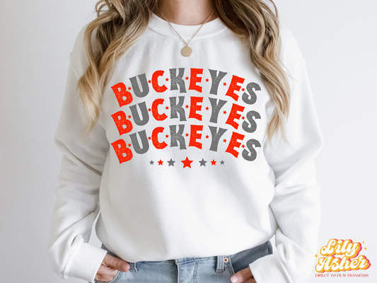 DTF BUCKEYES RED-GRAY STACKED TEXT W/ STARS TRANSFER