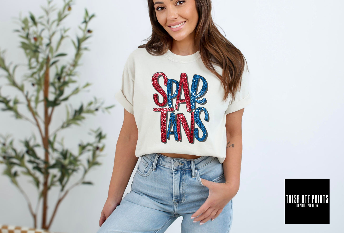 DTF SPARTANS RED/BLUE FAUX SEQUIN SHADOW TEXT TRANSFER