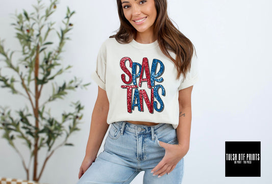 DTF SPARTANS RED/BLUE FAUX SEQUIN SHADOW TEXT TRANSFER