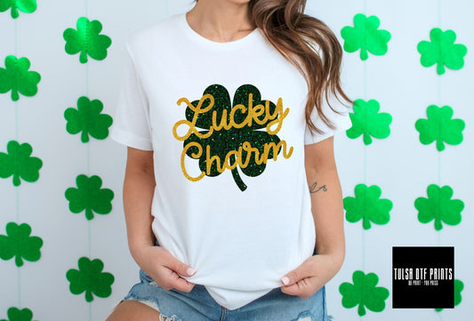 DTF LUCKY CHARM GOLD FAUX GLITTER TEXT TRANSFER