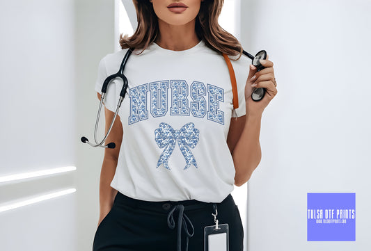 DTF NURSE BLUE FLORAL COQUETTE TRANSFER