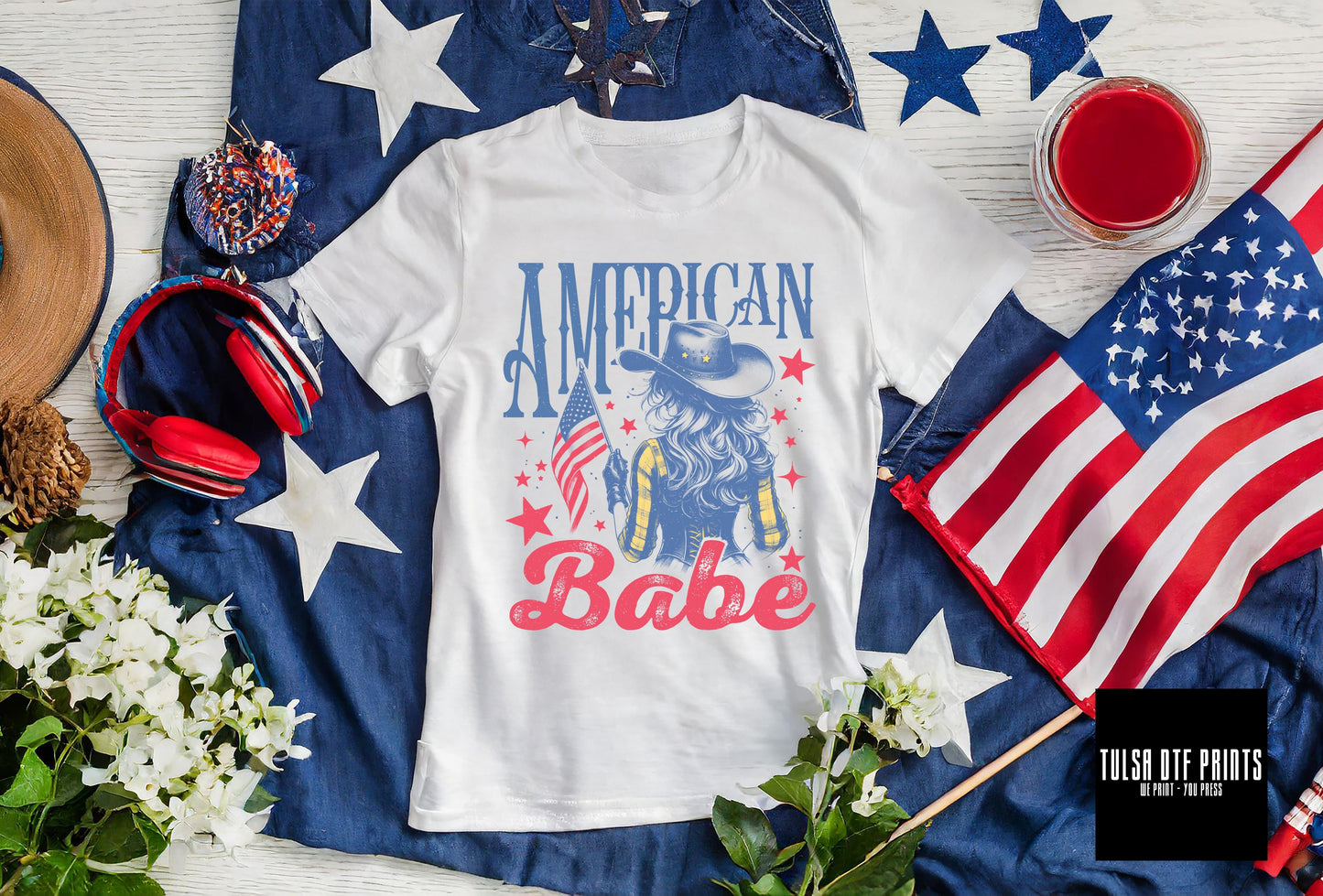 DTF AMERICAN BABE RETRO COWGIRL 4TH OF JULY TRANSFER