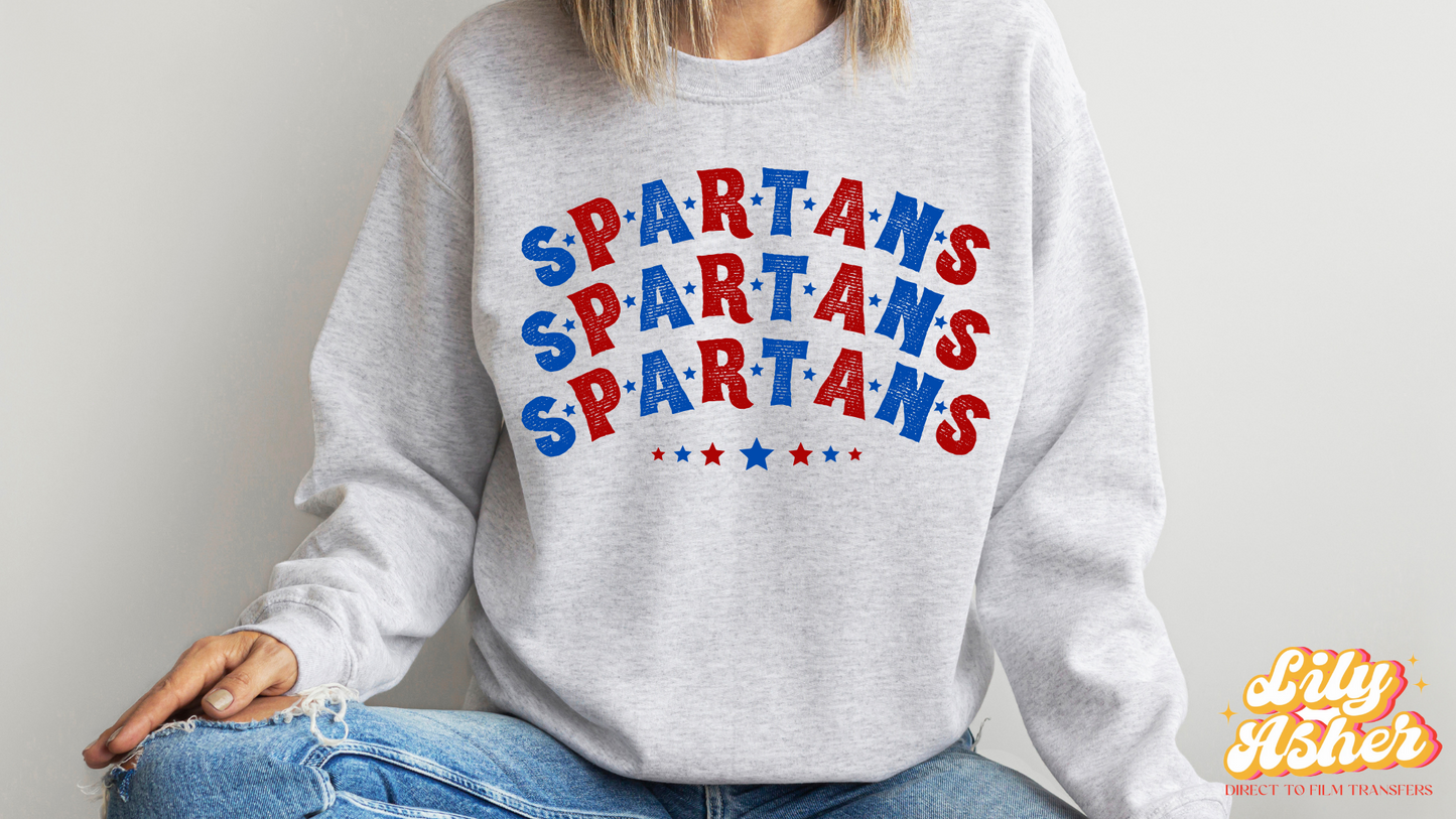 DTF SPARTANS BLUE-RED STACKED TEXT W/ STARS TRANSFER