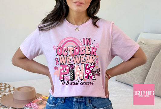 DTF IN OCTOBER WE WEAR PINK RETRO PATTERN TRANSFER