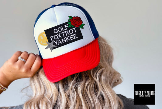 DTF GOLD FOXTROT YANKEE FAUX HAT PATCH TRANSFER