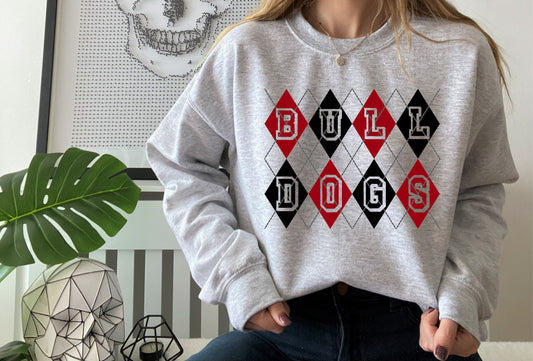 DTF BULLDOGS RED/BLACK ARGYLE DESIGN TRANSFER