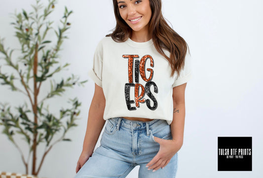 DTF TIGERS ORANGE/BLACK FAUX SEQUIN SHADOW TEXT TRANSFER