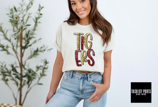 DTF TIGERS GOLD/MAROON FAUX SEQUIN SHADOW TEXT TRANSFER