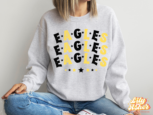 DTF EAGLES BLACK-YELLOW GOLD STACKED TEXT W/ STARS TRANSFER