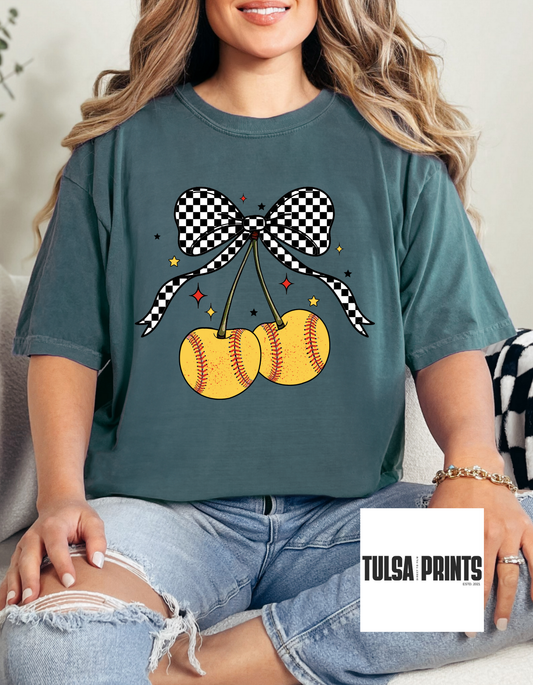 DTF CHERRY SOFTBALL W/ CHECKERED BOW TRANSFER