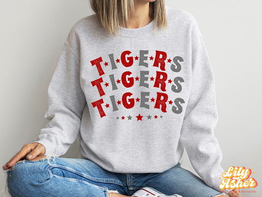 DTF TIGERS RED-GRAY STACKED TEXT W/ STARS TRANSFER