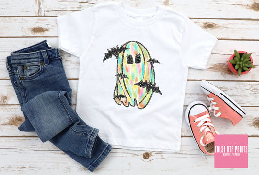 DTF TIE DYE GHOST W/ FAUX GLITTER BATS TRANSFER